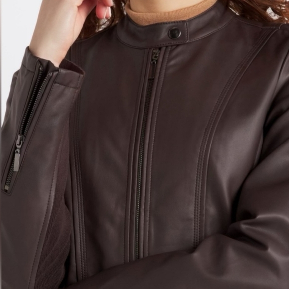 NEW Mo-Ka Faux Leather Jacket Lined Zip Pockets Chocolate Burgundy Plum Small - Picture 15 of 16